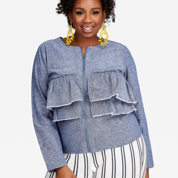 Ashley Stewart Jackets & Blazers - Ashley Stewart chambray linen ruffle jacket